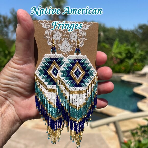 Handmade Beaded Native American Style Long & Large Fringe Dangle Drop Earrings - Picture 1 of 9